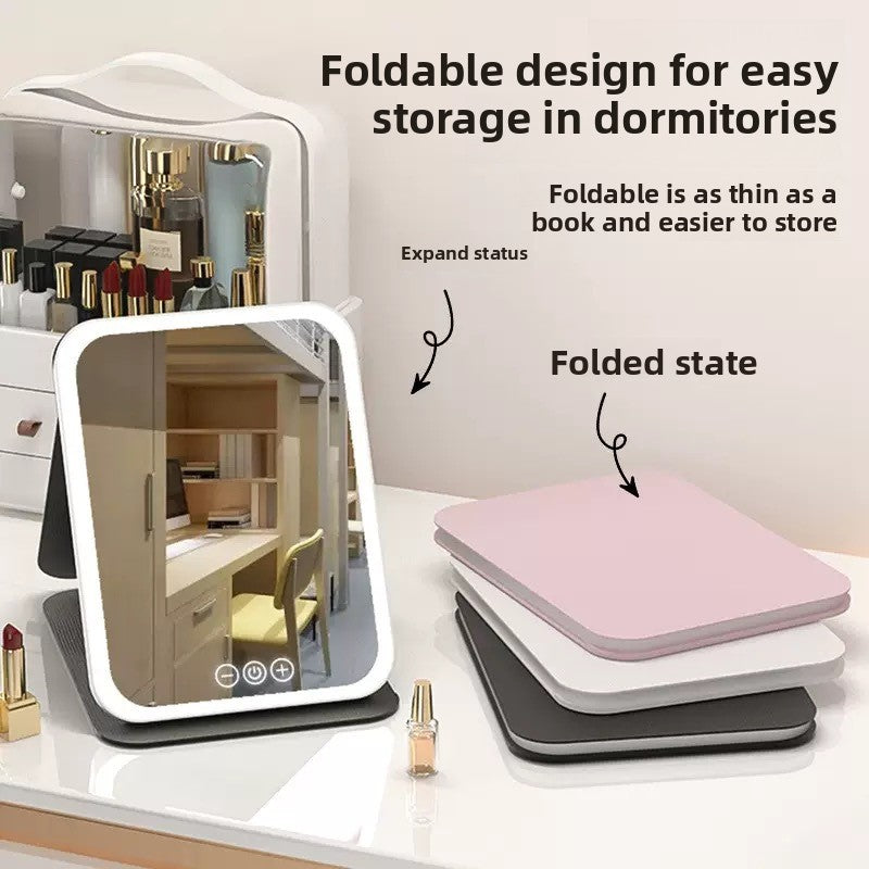 Espejo de maquillaje LED plegable con luz ajustable