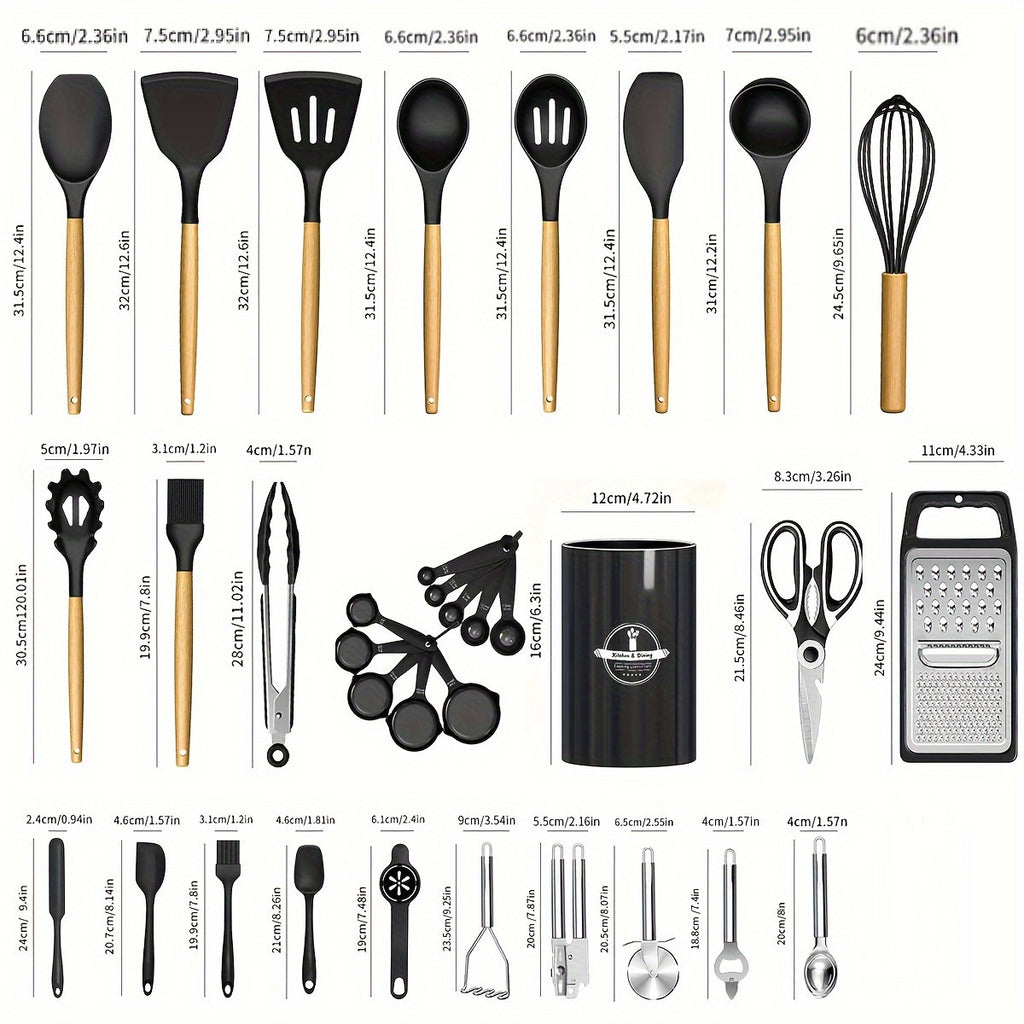 Juego de utensilios de cocina de silicona con mango de madera