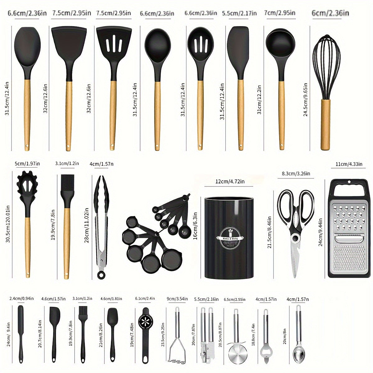 Juego de utensilios de cocina de silicona con mango de madera