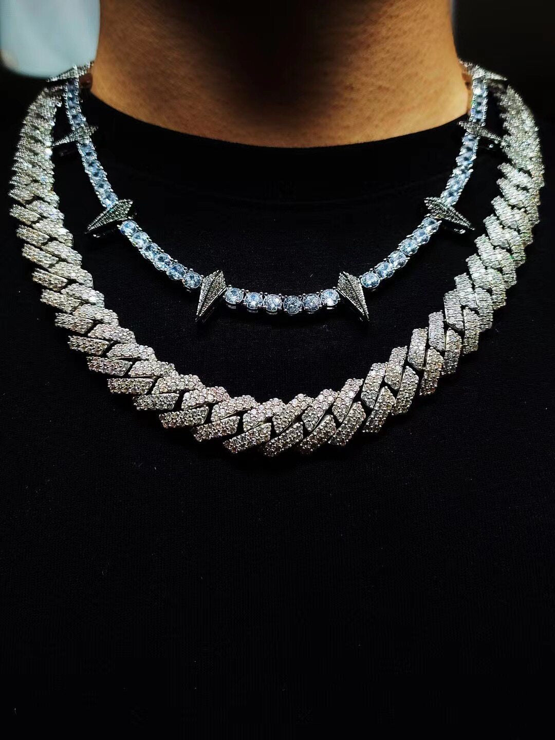 Collar de cadena cubana de diamantes de doble ala
