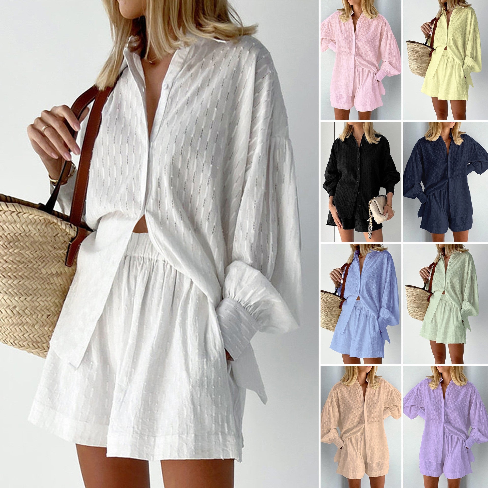Women's Jacquard Puff Sleeve Shirt and Shorts Set
