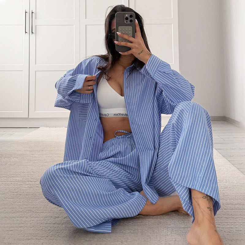 Conjunto de pantalones casuales de manga larga a rayas para mujer