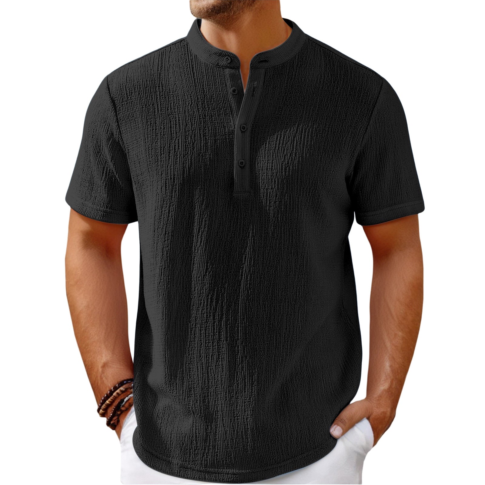 Camisa Henley de rayas de lino de algodón retro para hombre