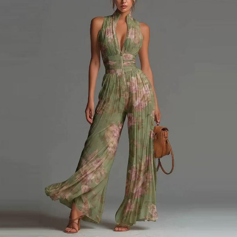 Mono de pierna ancha con cuello halter plisado para mujer