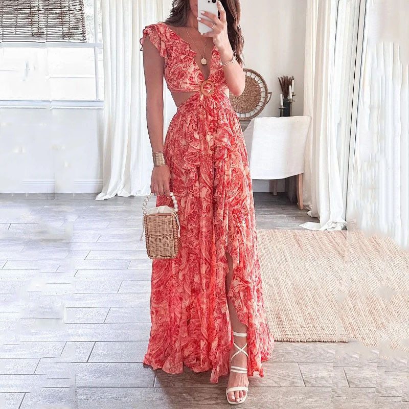Vestido con volantes y cuello en V con estampado floral