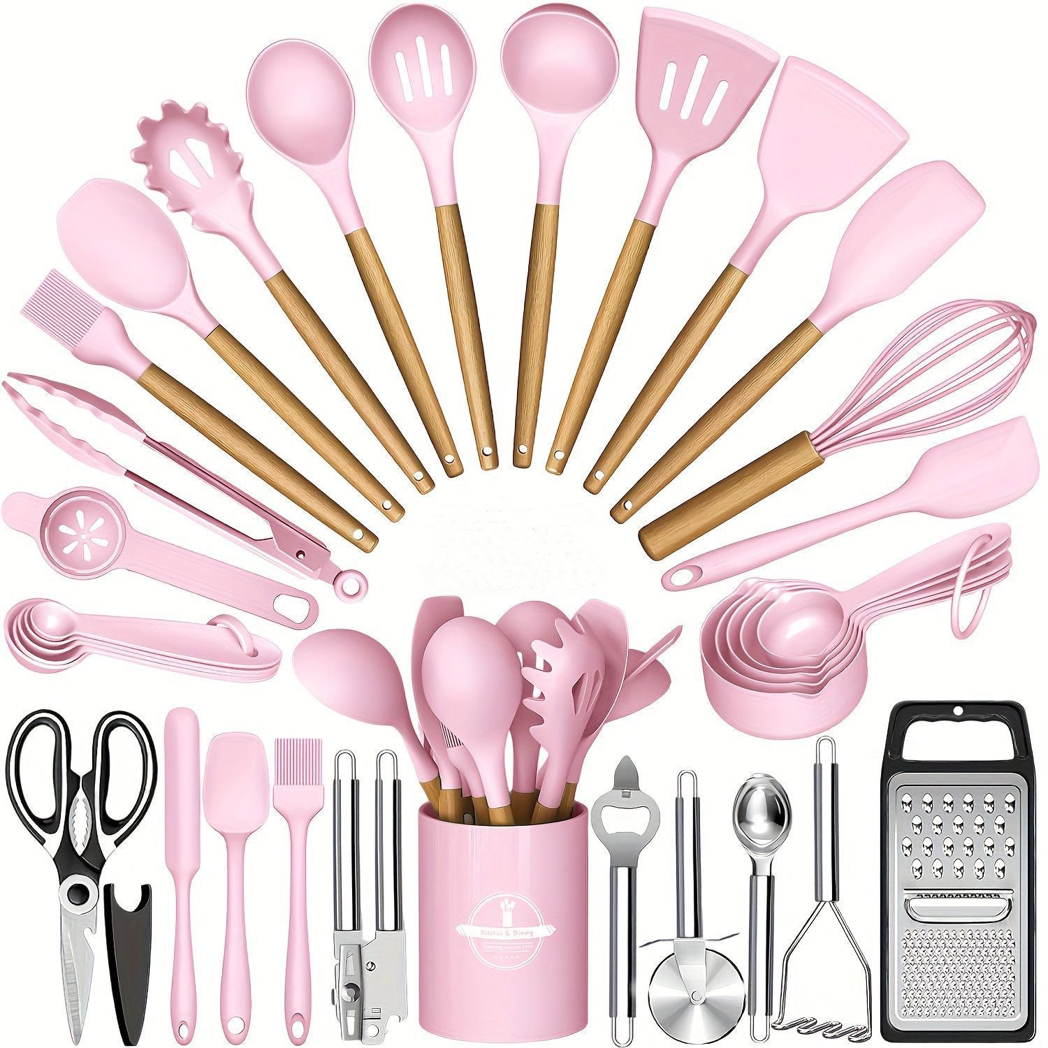 Juego de utensilios de cocina de silicona con mango de madera
