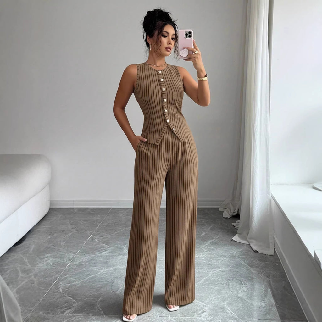 Conjunto de chaleco retro a rayas y pantalones de perna ancha para mujer