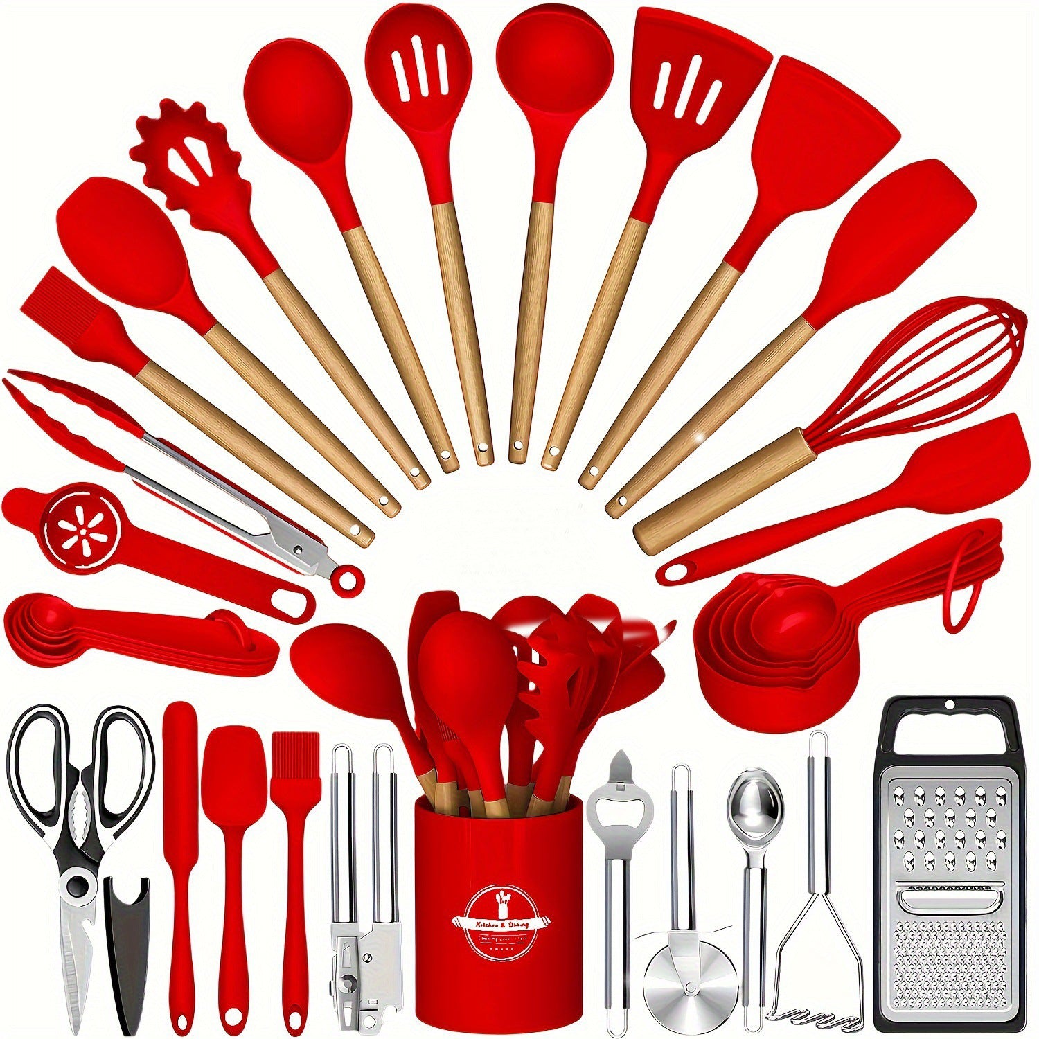 Juego de utensilios de cocina de silicona con mango de madera
