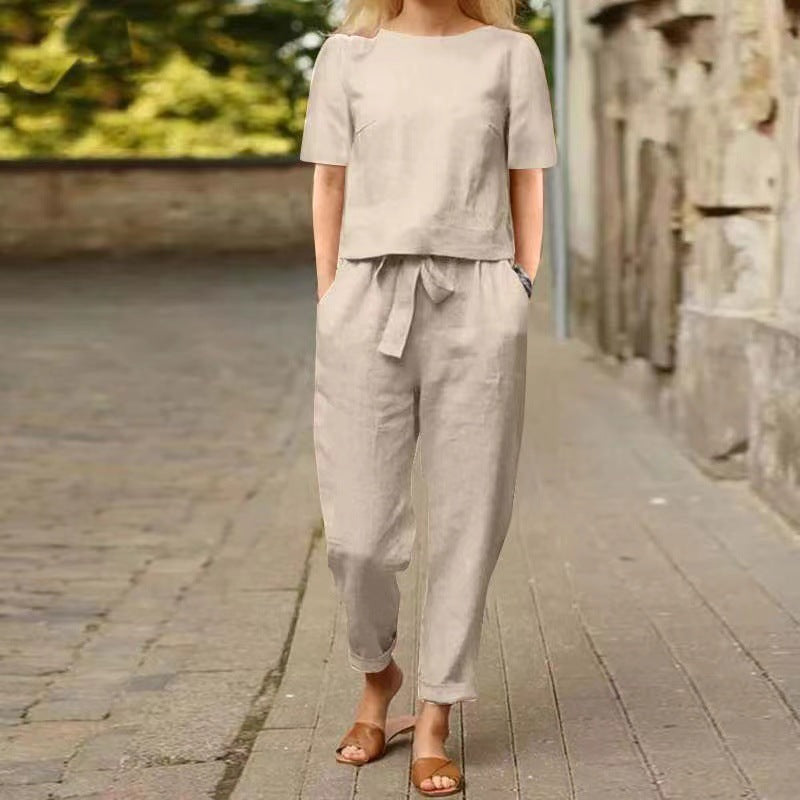 Cotton-linen half-sleeve wide-leg pants