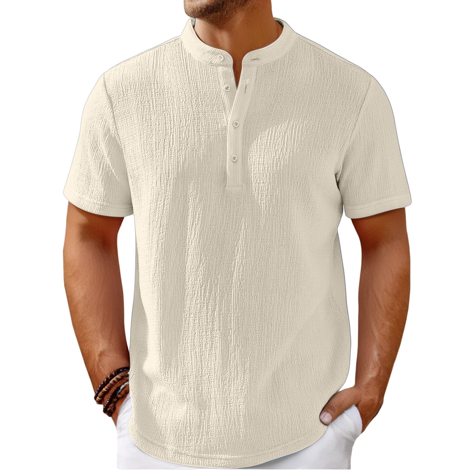 Camisa Henley de rayas de lino de algodón retro para hombre