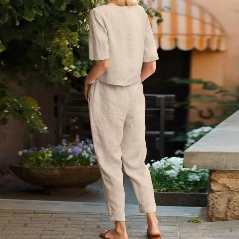 Cotton-linen half-sleeve wide-leg pants