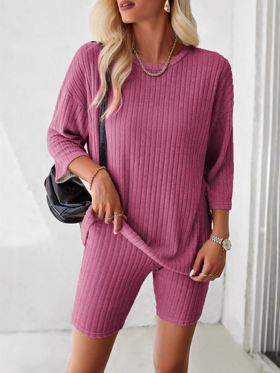 Womens Casual Round Neck Top and Shorts Set
