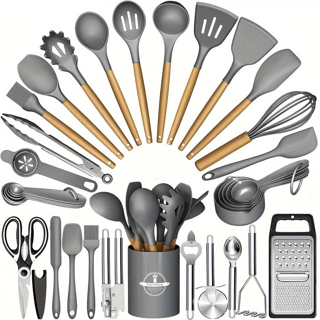 Juego de utensilios de cocina de silicona con mango de madera