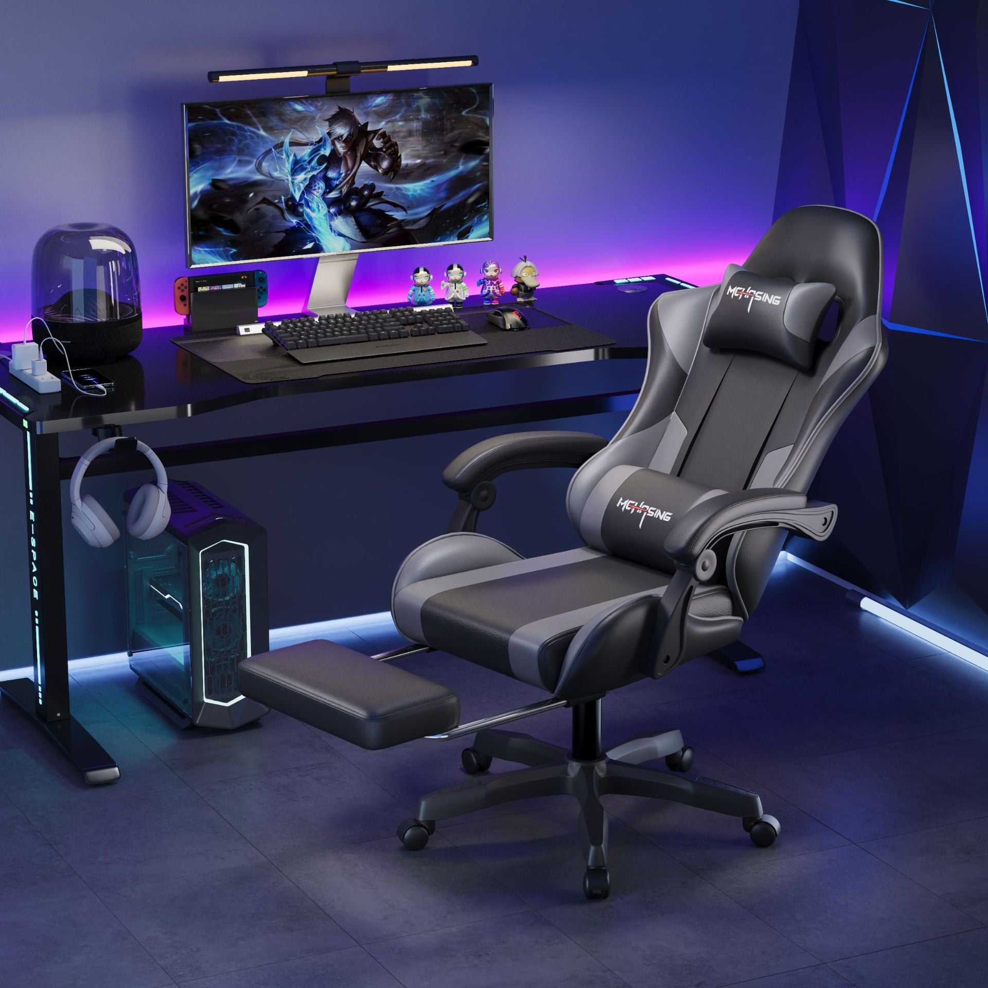 Silla ergonómica para juegos giratoria de cuero PU