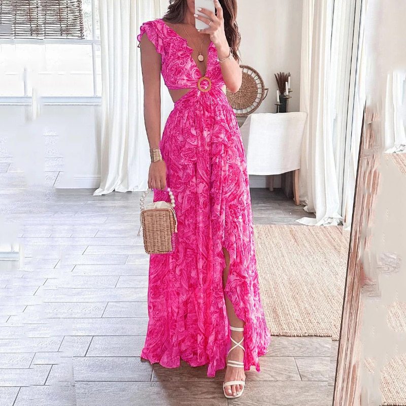 Vestido con volantes y cuello en V con estampado floral