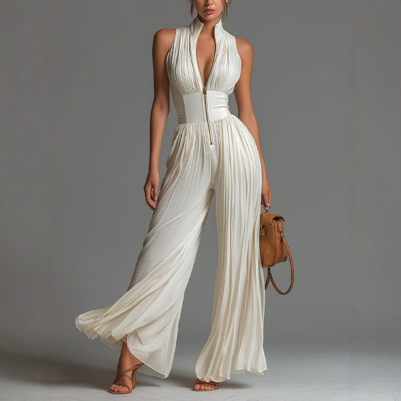 Mono de pierna ancha con cuello halter plisado para mujer
