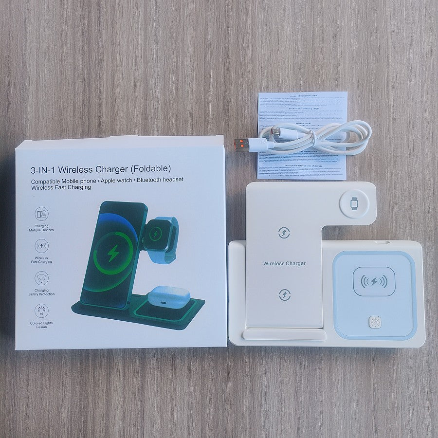 Estación de carga inalámbrica plegable 3 en 1 para auriculares, reloj y teléfono
