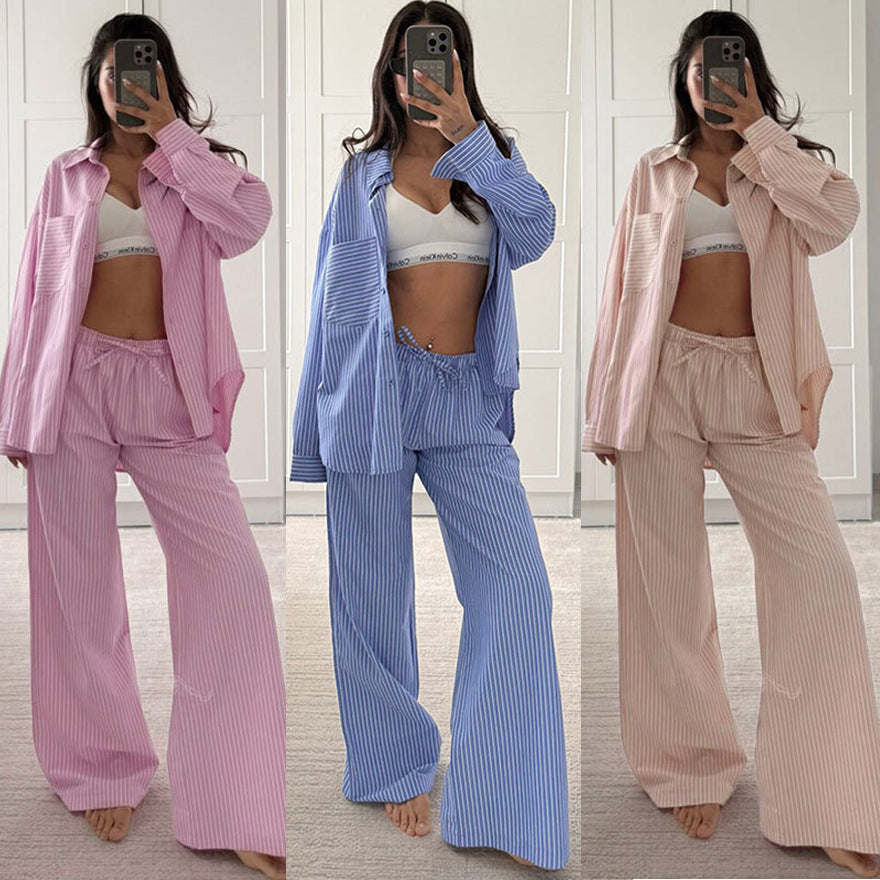 Conjunto de pantalones casuales de manga larga a rayas para mujer