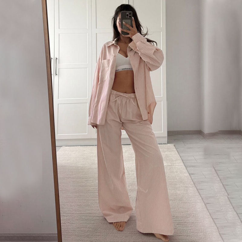 Conjunto de pantalones casuales de manga larga a rayas para mujer