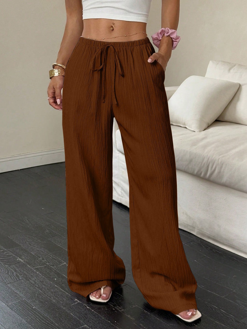 Pantalones casuales para mujer con bolsillos diagonales
