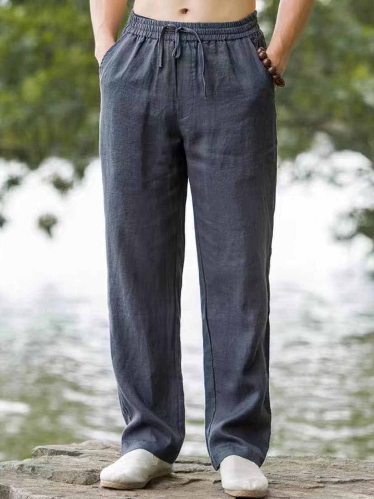 Pantalones casuales de lino de pierna recta para hombre