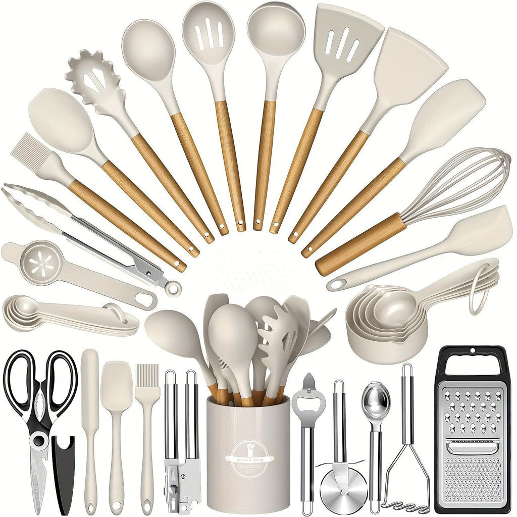 Juego de utensilios de cocina de silicona con mango de madera