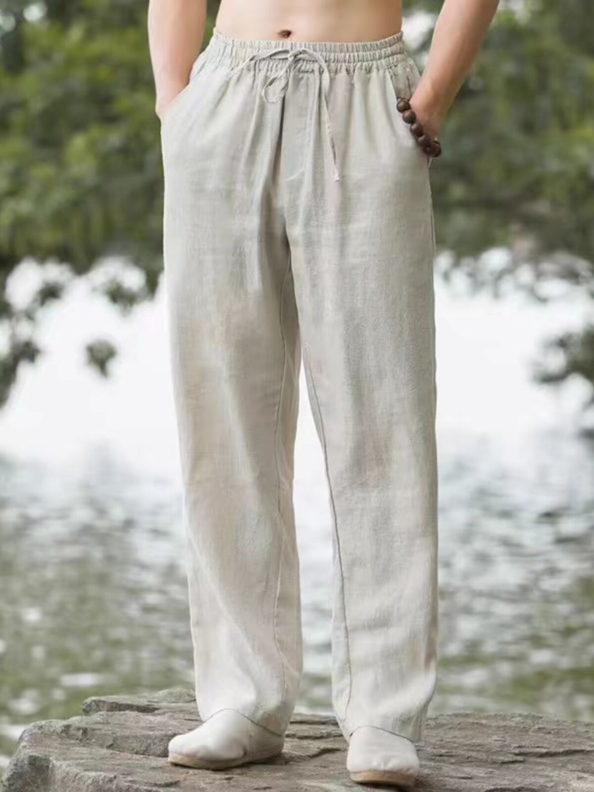 Pantalones casuales de lino de pierna recta para hombre