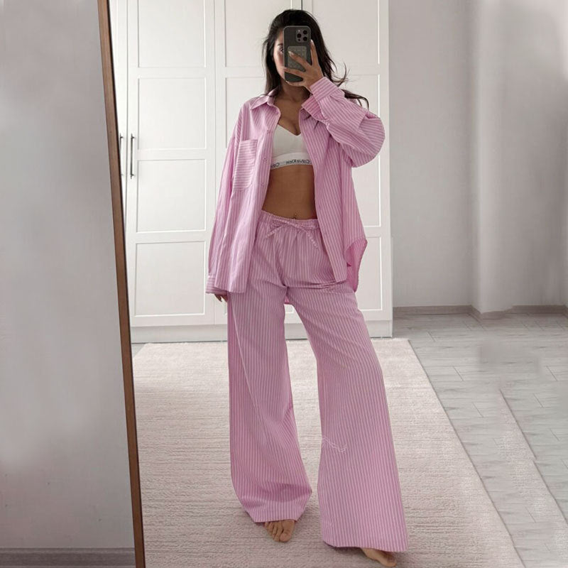 Conjunto de pantalones casuales de manga larga a rayas para mujer