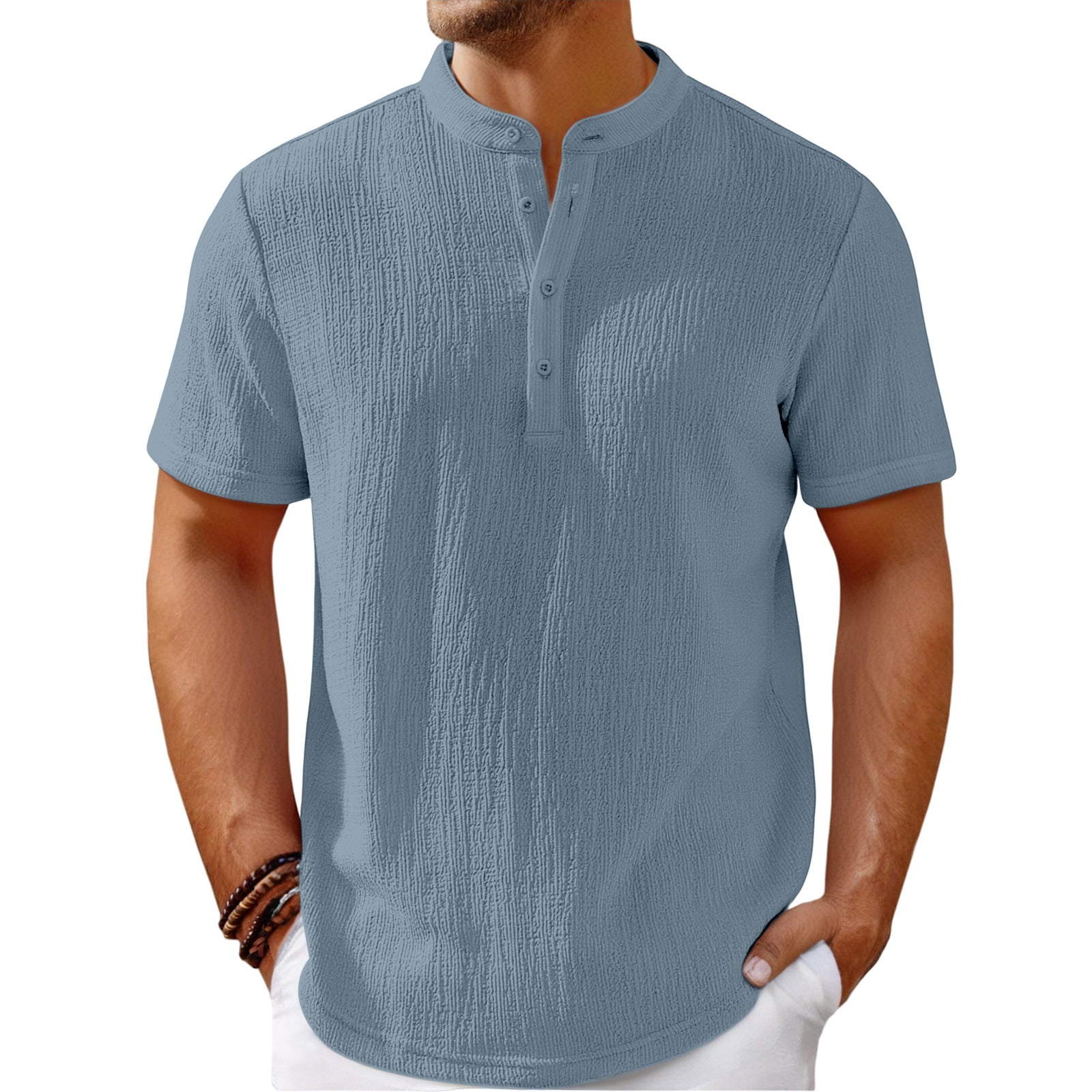 Camisa Henley de rayas de lino de algodón retro para hombre