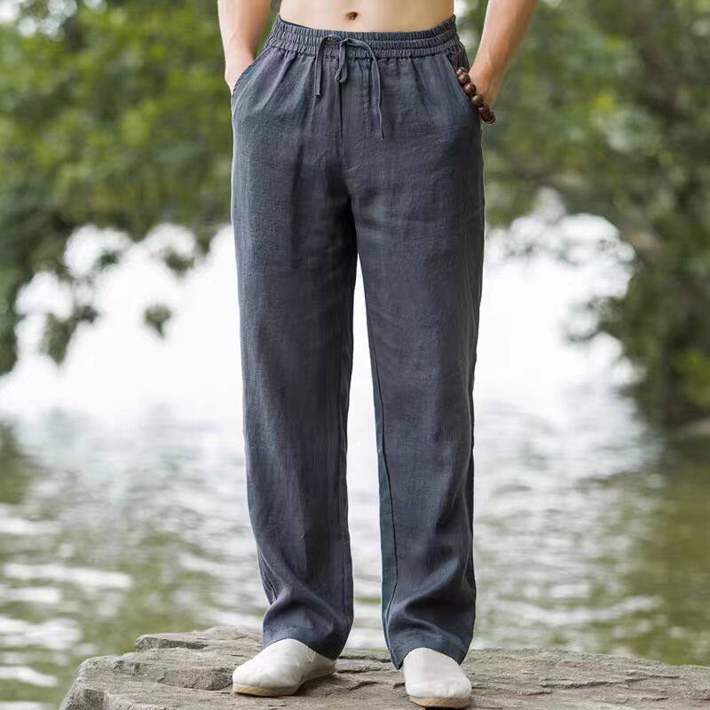 Pantalones casuales de lino de pierna recta para hombre