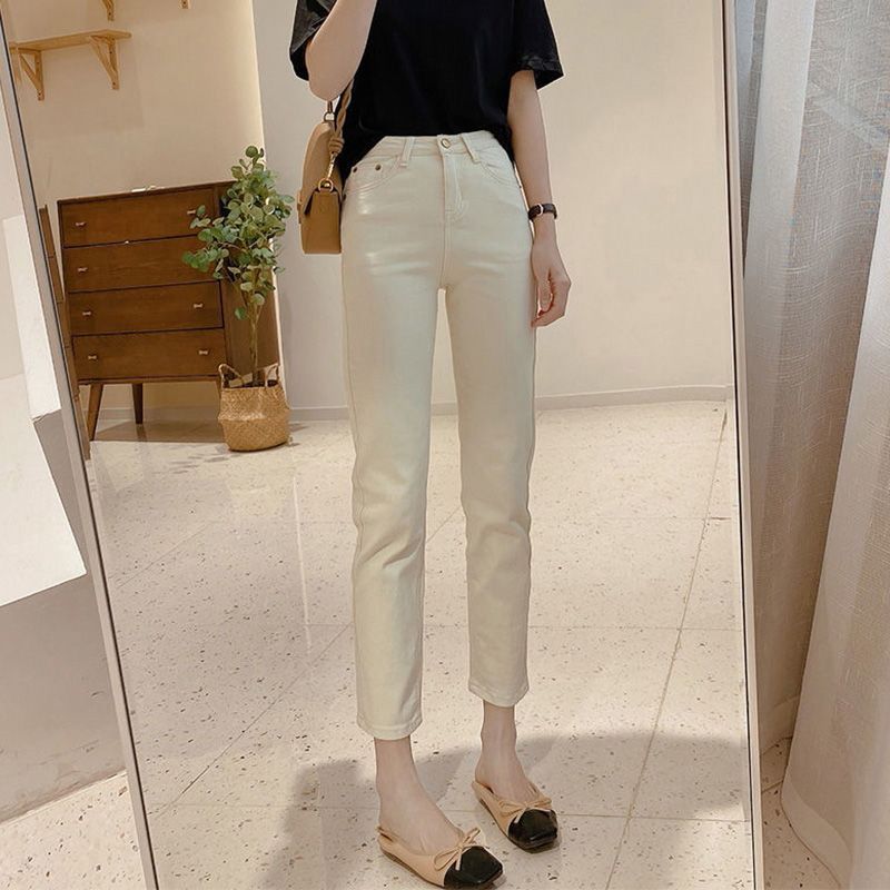 Pantalones de algodón de pierna recta de cintura alta para mujer