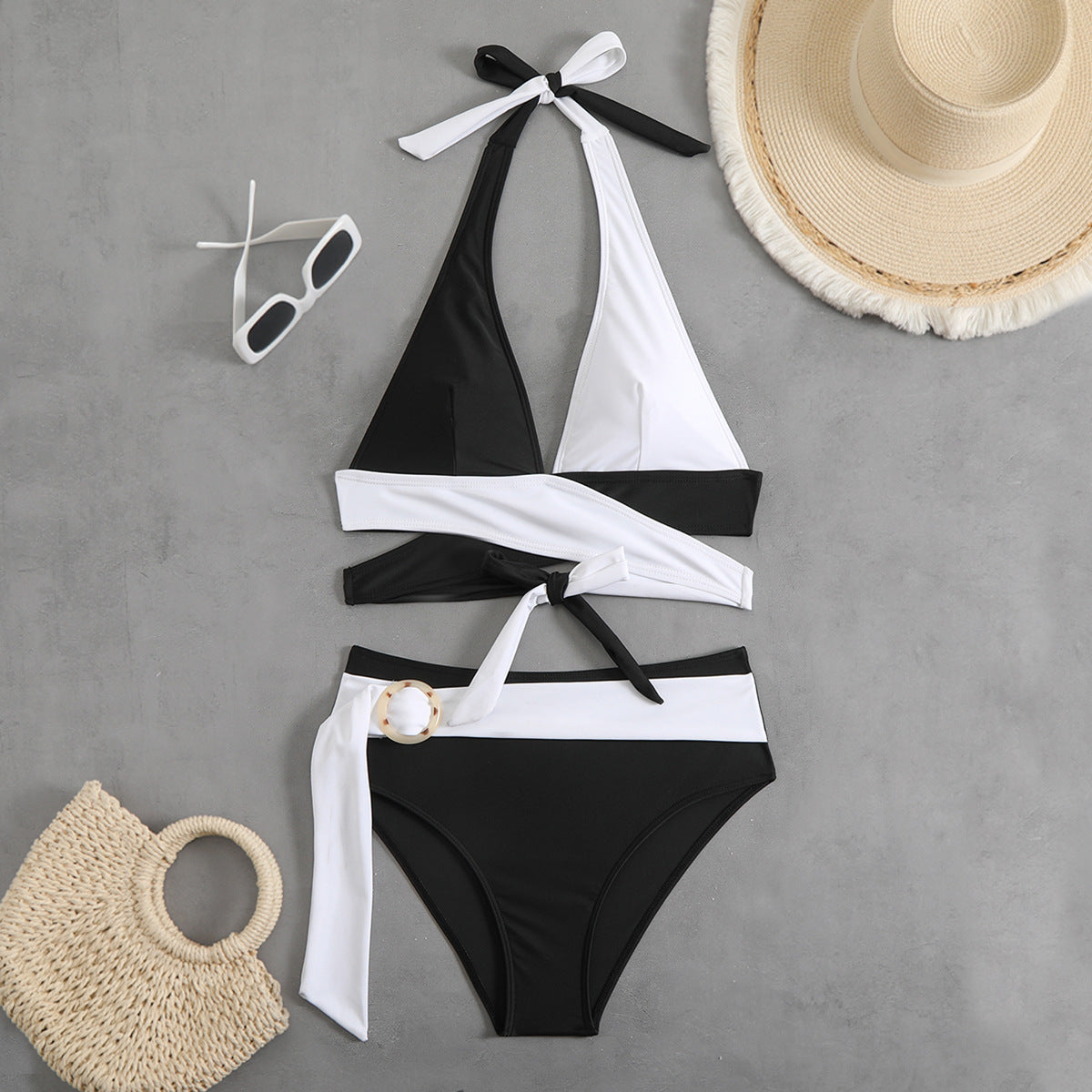 Color-Blocked Halterneck Bikini Set