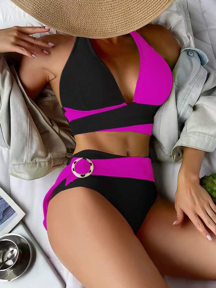 Color-Blocked Halterneck Bikini Set