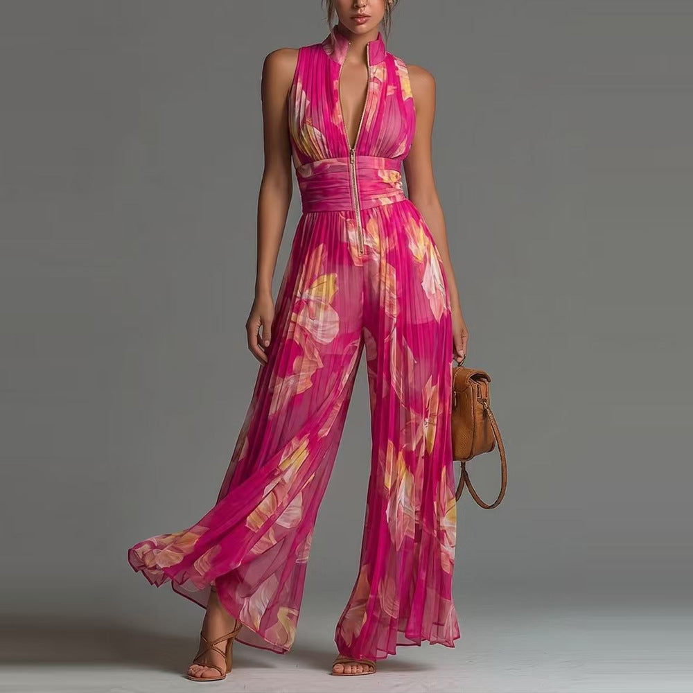 Mono de pierna ancha con cuello halter plisado para mujer
