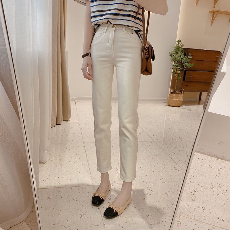 Pantalones de algodón de pierna recta de cintura alta para mujer