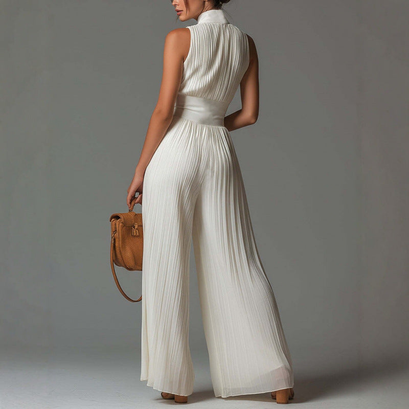Mono de pierna ancha con cuello halter plisado para mujer
