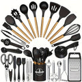 Juego de utensilios de cocina de silicona con mango de madera