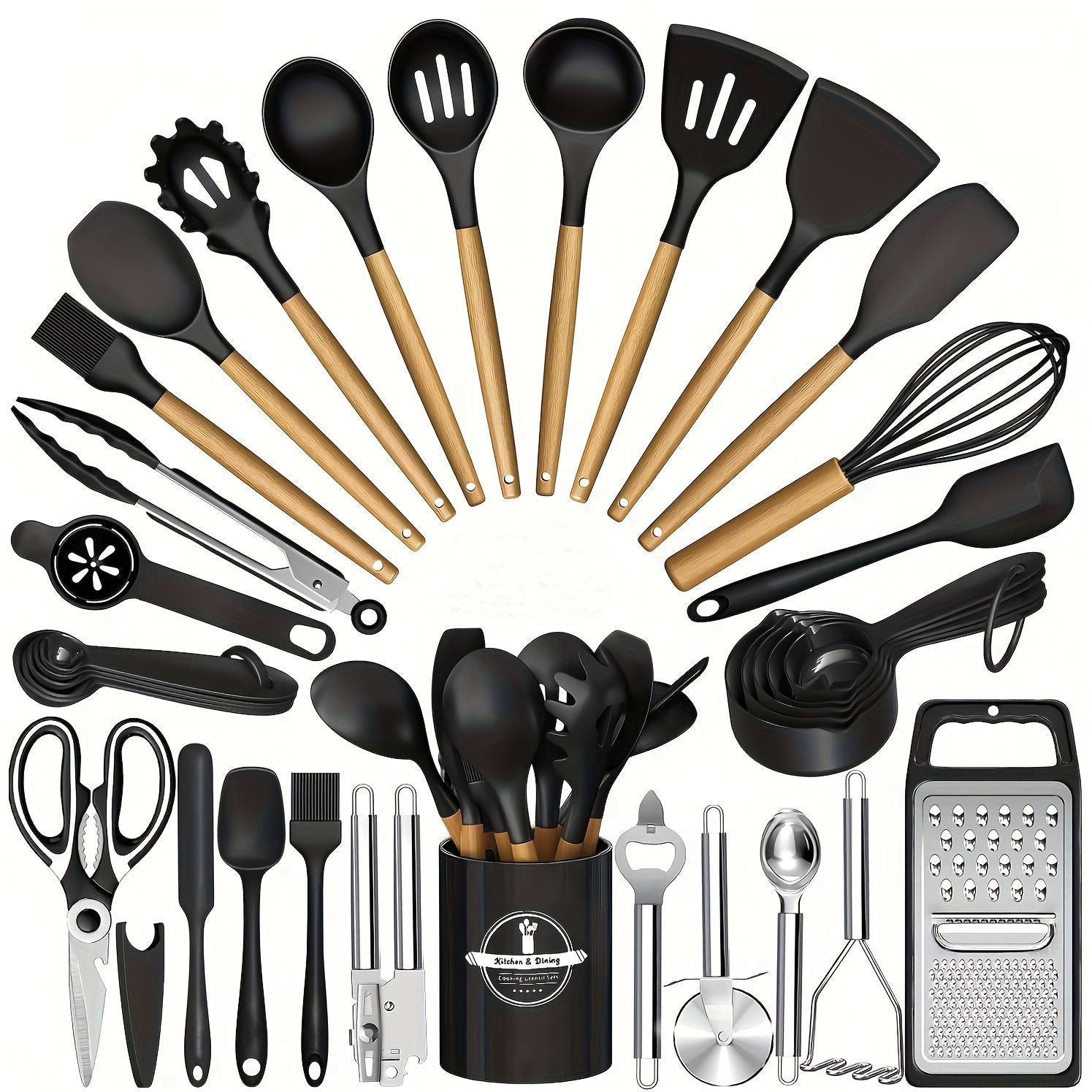 Juego de utensilios de cocina de silicona con mango de madera