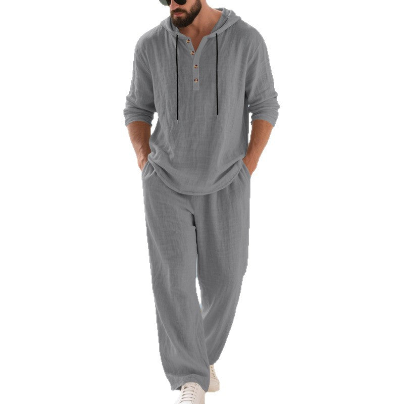 Mens Linen Hooded Sweatshirt and Pants Set