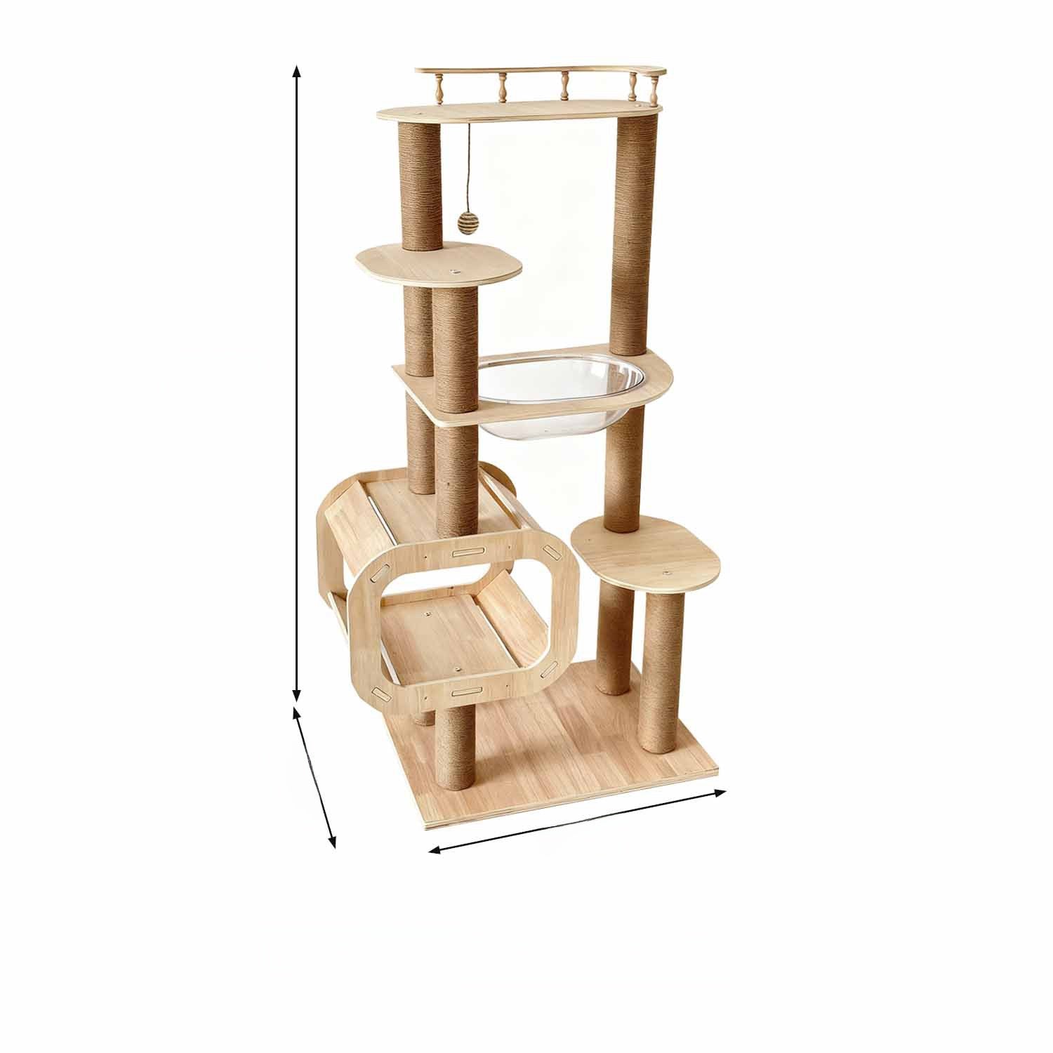 Gran torre de escalada para gatos de madera maciza con poste rascador