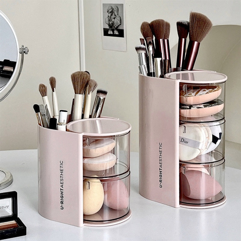 Organizador de brochas de maquillaje giratorio con almacenamiento de polvo
