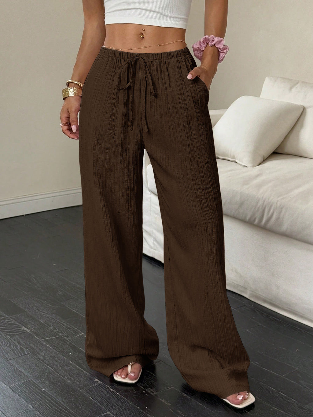 Pantalones casuales para mujer con bolsillos diagonales