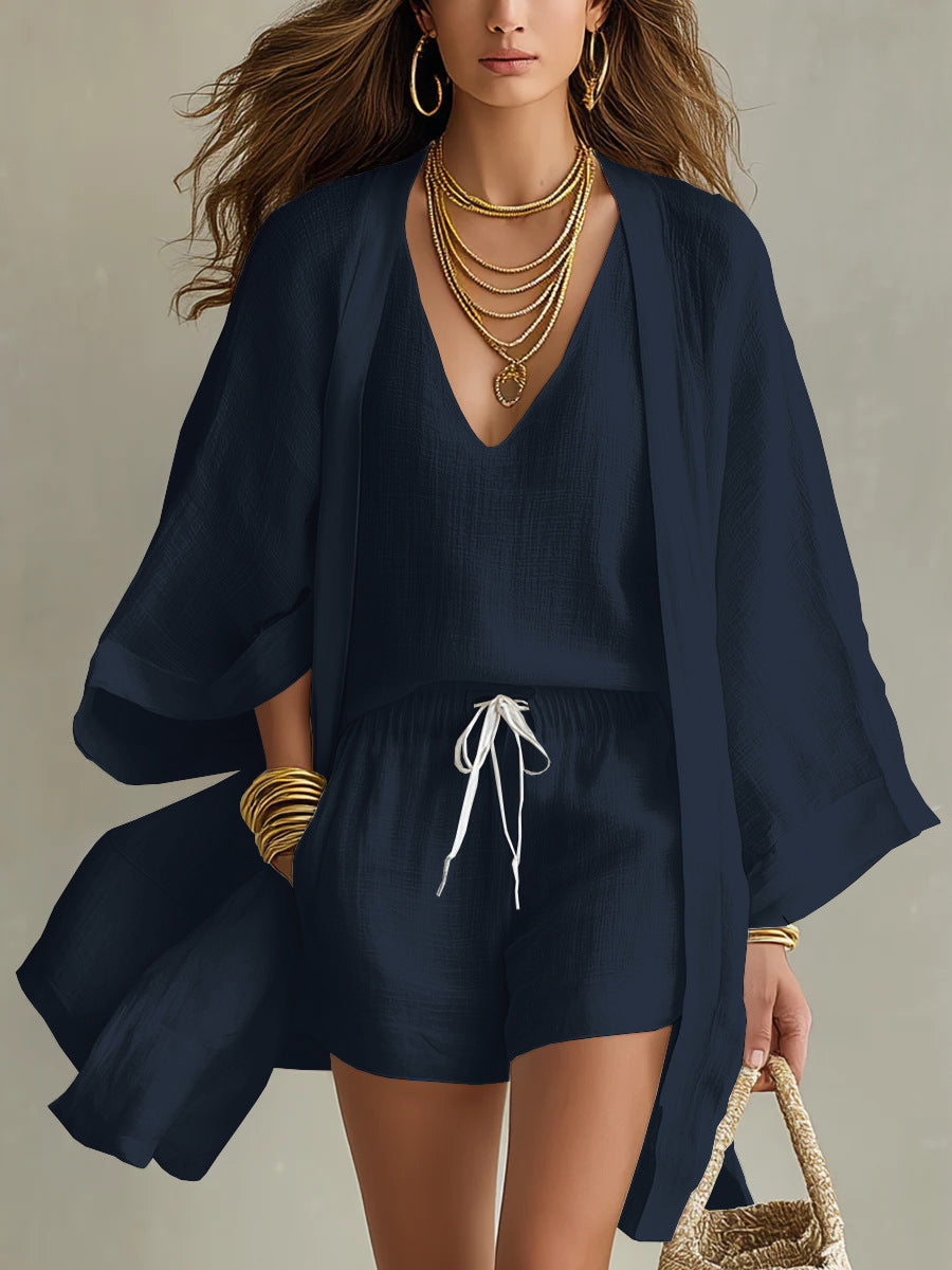 Conjunto: chaleco de lino, cárdigan y pantalones cortos