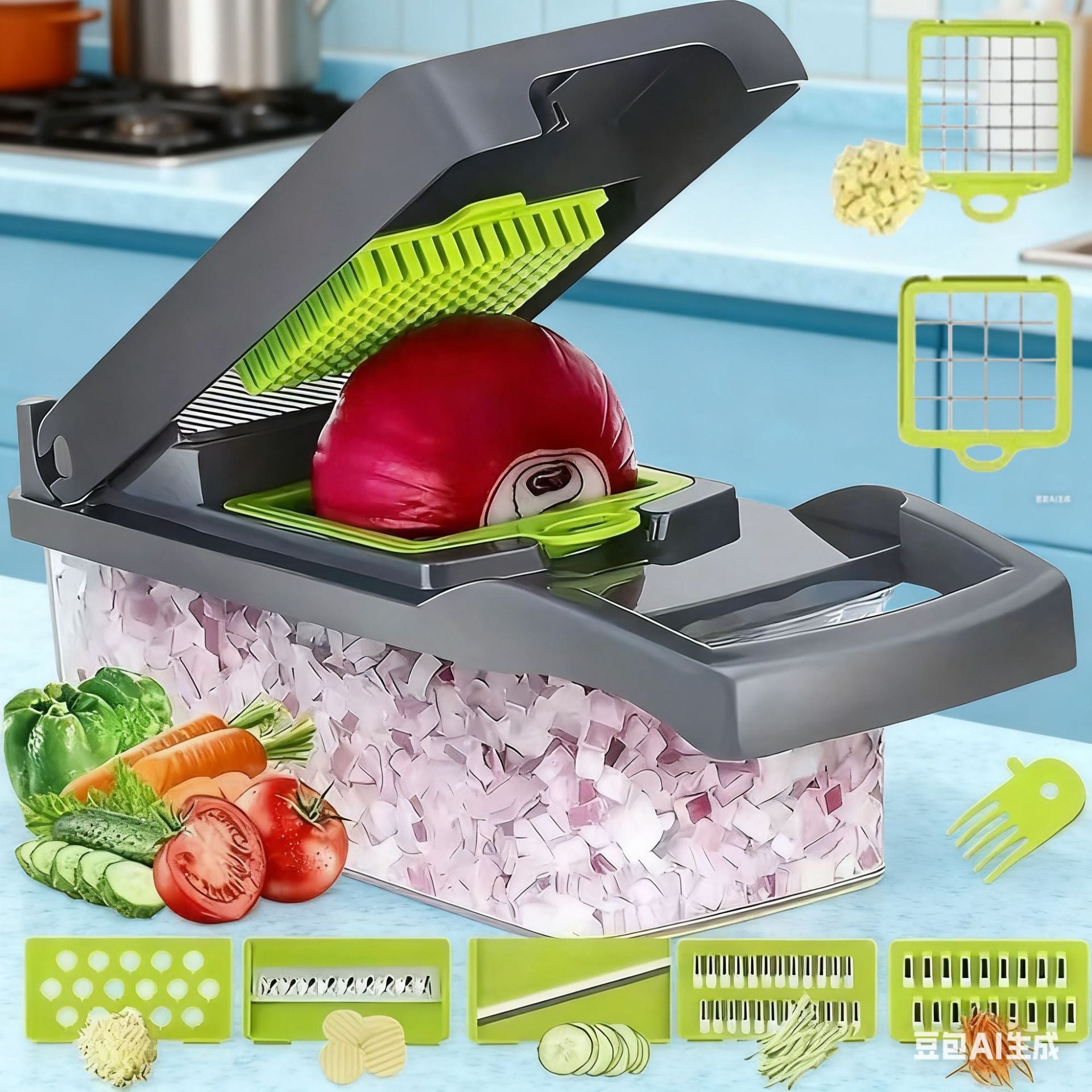 Nuevo cortador de verduras multifuncional transfronterizo Pelar, triturar, cortar en cubitos y cortar el juego de artefactos de cocina Rallador