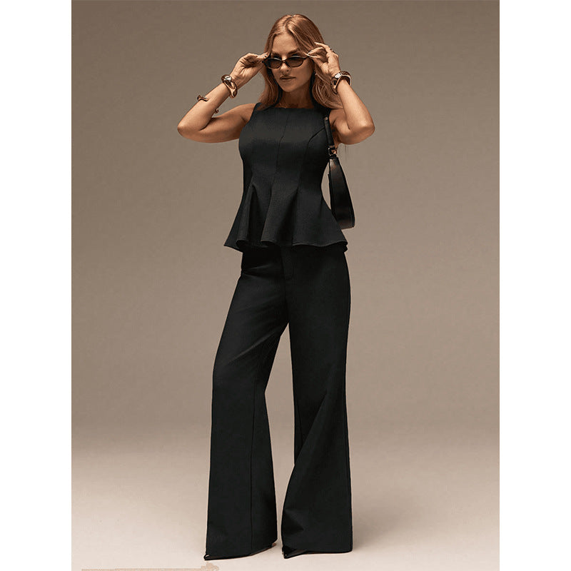 Top sin mangas de cuello cuadrado y pantalones de perna ancha para mujer