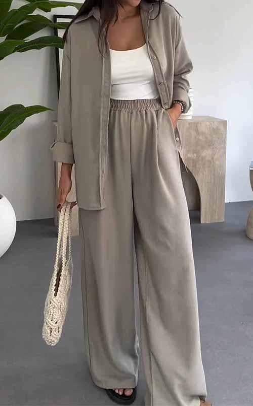 Conjunto de dos piezas de pantalones casuales de pierna ancha para mujer