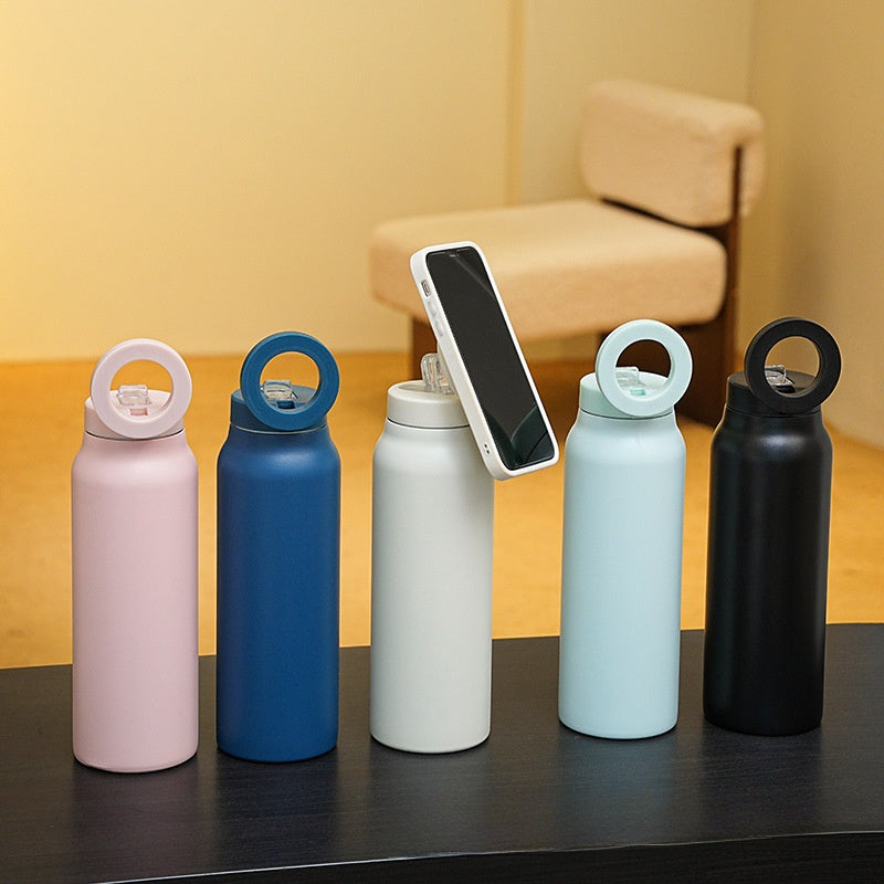 Botella de agua con aislamiento magnético con soporte para teléfono