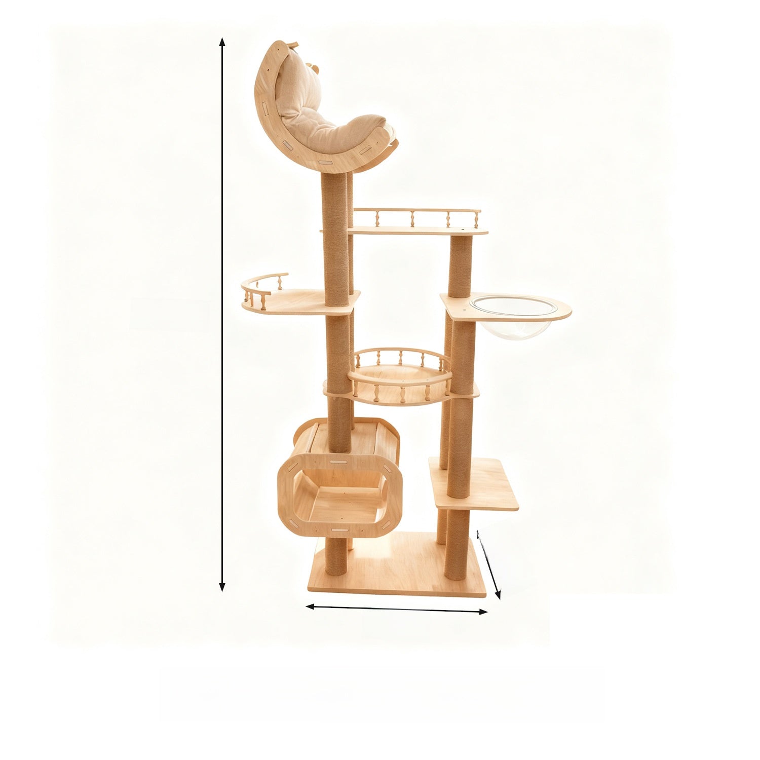 Gran torre de escalada para gatos de madera maciza con poste rascador