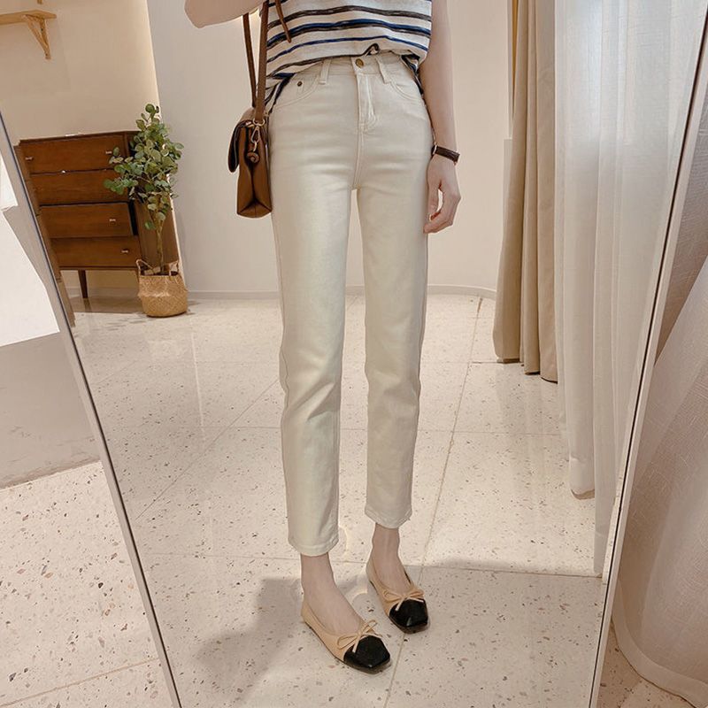 Pantalones de algodón de pierna recta de cintura alta para mujer