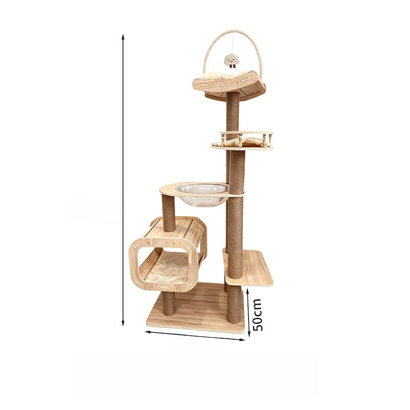 Gran torre de escalada para gatos de madera maciza con poste rascador
